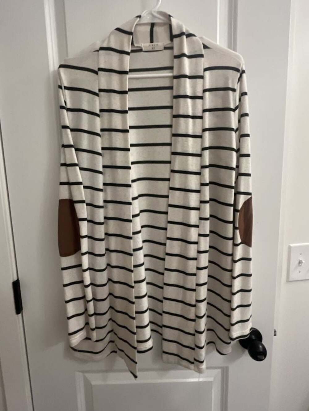 Always Me Striped Open-Front Cardigan with Elbow Patches